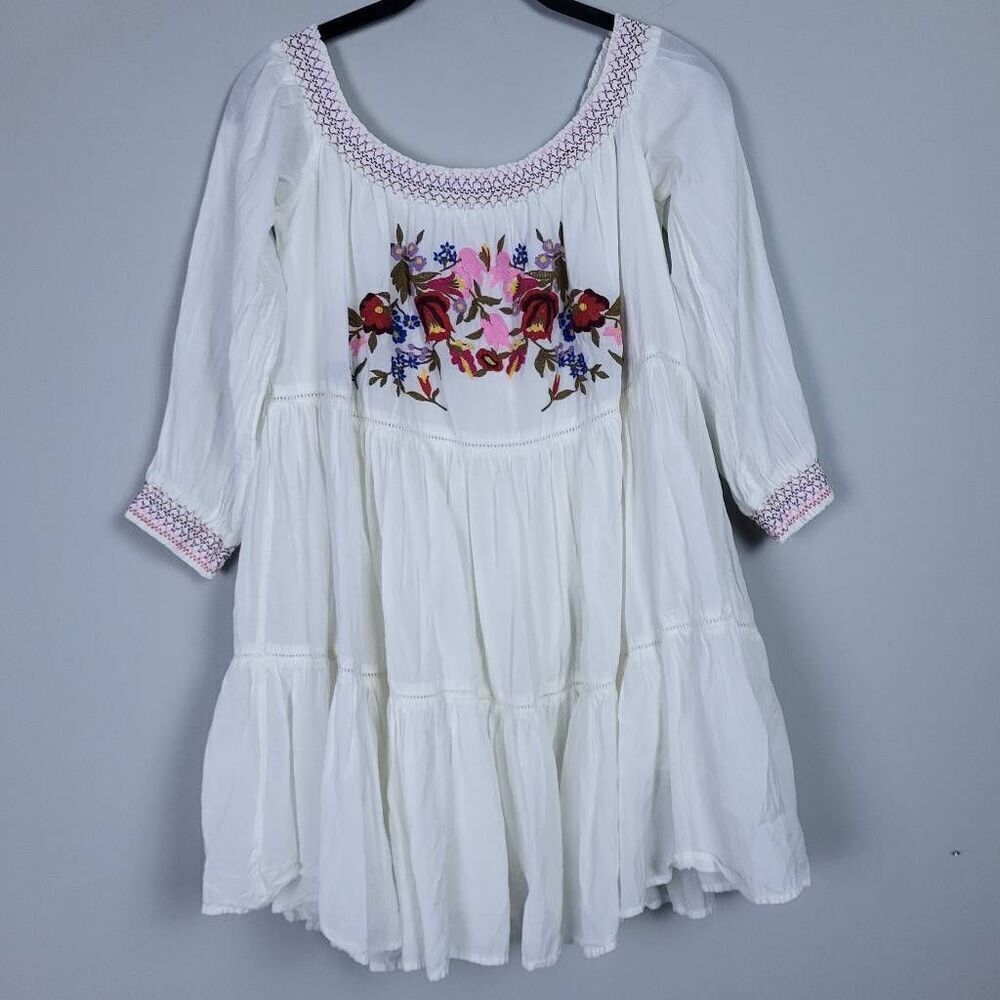 Free People White Mini Dress with Multicolor Floral Embroidery